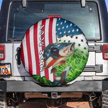 American Flag Bass Fishing Design Spare Tire Cover with Largemouth Bass and Green Grass Background TS04