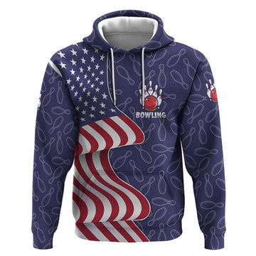 American Flag Bowling Pin Strike Graphic Hoodie with Custom Name and Pattern Background TS04