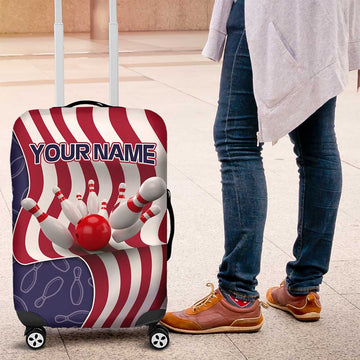 American Flag Bowling Pin Strike Graphic Luggage Cover with Custom Name and Pattern Background TS04
