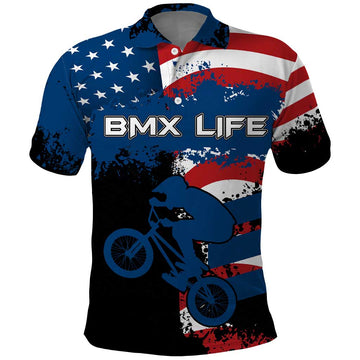 BMX Life Graphic Polo Shirt with American Flag and Custom Rider Number Design TS04