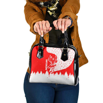 Switzerland Christmas Shoulder Handbag with Red Reindeer Snow Forest and Holiday Icon TS04