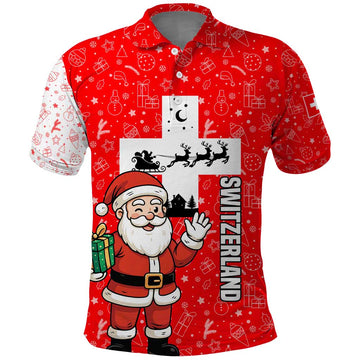 Switzerland Christmas Polo Shirt with Santa Sleigh Silhouette and Red Holiday Icon TS04