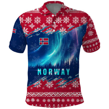 Norway Christmas Polo Shirt with Northern Lights Snowflake Pattern and Nordic Forest TS04