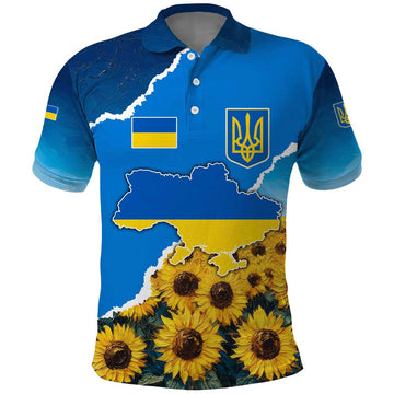 Ukraine Pride Polo Shirt Map, Flag & Tryzub with Sunflower Field Patriotic TS04