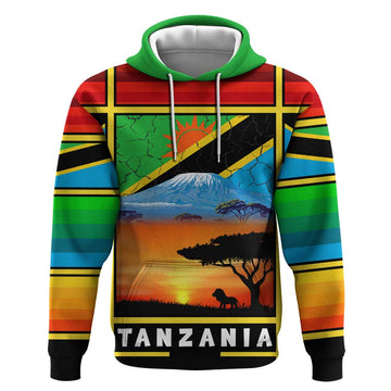 African Sunset Design Hoodie with Flag Map Mount Kilimanjaro and Wildlife Scene TS04