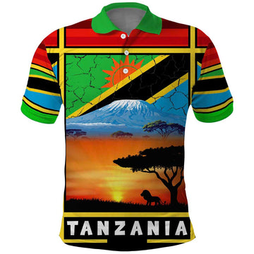 African Sunset Design Polo Shirt with Flag Map Mount Kilimanjaro and Wildlife Scene TS04