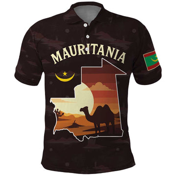 Mauritania Polo Shirt with Desert Sunset Camel Silhouette and Flag Accents TS04