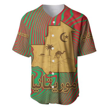 Mauritania Baseball Jersey - Desert Camel Crescent Moon and Palm Tree Graphic in Red Green Gold Pattern TS04