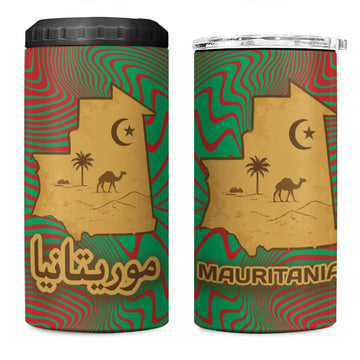 Mauritania 4 in 1 Can Cooler Tumbler - Desert Camel Crescent Moon and Palm Tree Graphic in Red Green Gold Pattern TS04