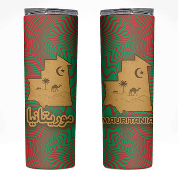 Mauritania Skinny Tumbler - Desert Camel Crescent Moon and Palm Tree Graphic in Red Green Gold Pattern TS04