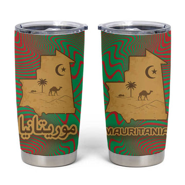 Mauritania Tumbler Cup - Desert Camel Crescent Moon and Palm Tree Graphic in Red Green Gold Pattern TS04