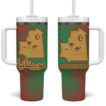 Mauritania Tumbler With Handle - Desert Camel Crescent Moon and Palm Tree Graphic in Red Green Gold Pattern TS04
