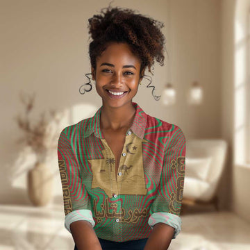 Mauritania Women Casual Shirt - Desert Camel Crescent Moon and Palm Tree Graphic in Red Green Gold Pattern TS04
