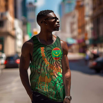 Mauritania Men Tank Top - Green Tie Dye Camel and Crescent Moon Flag Design TS04