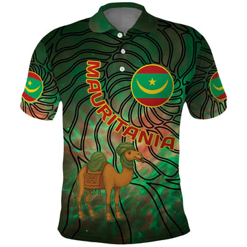 Mauritania Polo Shirt with Green Tie Dye Camel and Crescent Moon Flag Design TS04