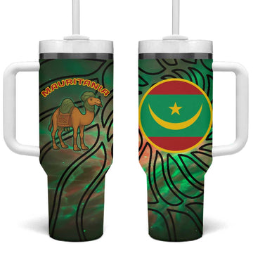 Mauritania Tumbler With Handle - Green Tie Dye Camel and Crescent Moon Flag Design TS04