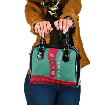 Turkmenistan National Symbols Shoulder Handbag with Crescent Moon, Stars, and Traditional Carpet Pattern Design TS04