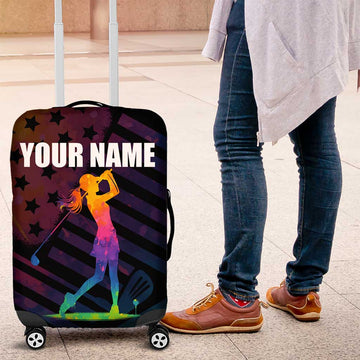 Colorful Golf Luggage Cover Watercolor American Flag Female Golfer Silhouette in Rainbow Gradient TS04