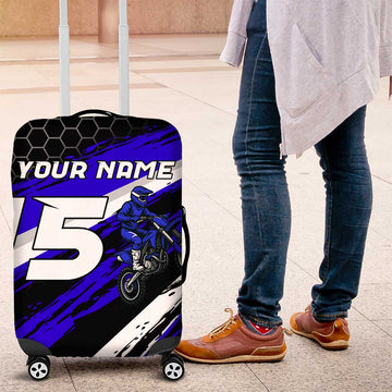 Custom Blue Motocross Luggage Cover with Dirt Bike Rider Graphic Design on Honeycomb Pattern TS04