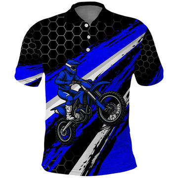 Custom Blue Motocross Polo Shirt with Dirt Bike Rider Graphic Design on Honeycomb Pattern TS04