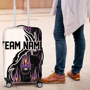 Custom Bowling Team Graphic Luggage Cover with Flaming Ball Design in Black White and Purple Flame Pattern TS04