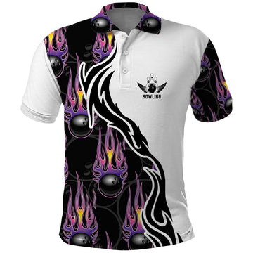 Custom Bowling Team Graphic Polo Shirt with Flaming Ball Design in Black White and Purple Flame Pattern TS04
