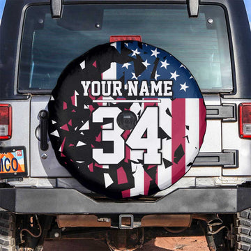 Personalized Dirt Bike Racing Spare Tire Cover Shattered American Flag and Race Checkered Patch Graphic in Red White and Blue TS04