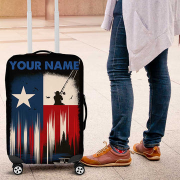 Texas Flag Fishing Luggage Cover with Silhouette Fisherman and Rustic Lake Scene in Red White Blue TS04