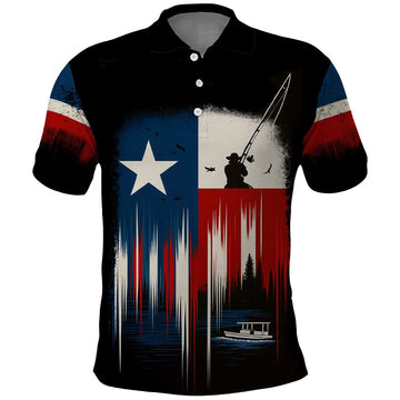 Texas Flag Fishing Polo Shirt with Silhouette Fisherman and Rustic Lake Scene in Red White Blue TS04