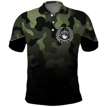 Camouflage Bowling Polo Shirt with Grunge American Flag and Pin Emblem in Military Green TS04