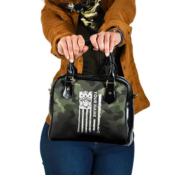 Camouflage Bowling Shoulder Handbag with Grunge American Flag and Pin Emblem in Military Green TS04