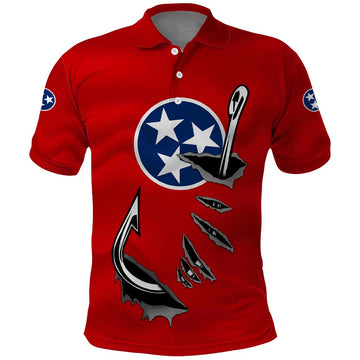 Tennessee Flag Fishing Polo Shirt with Ripped Hook Graphic and Triple Star Symbol in Red and Blue TS04