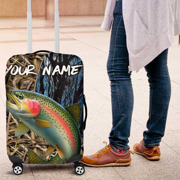 Rainbow Trout Fishing Luggage Cover with Camouflage Reeds and Forest Background in Nature-Inspired Colors TS04