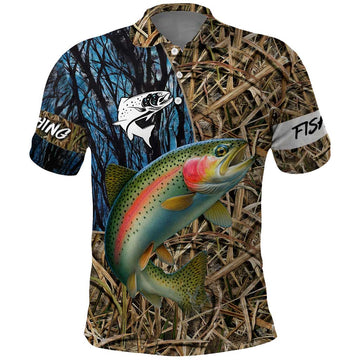 Rainbow Trout Fishing Polo Shirt with Camouflage Reeds and Forest Background in Nature-Inspired Colors TS04