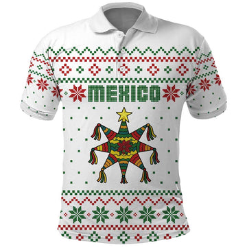 Mexico Christmas Polo Shirt with Piñata Star Design and Red Green Snowflake Pattern TS04