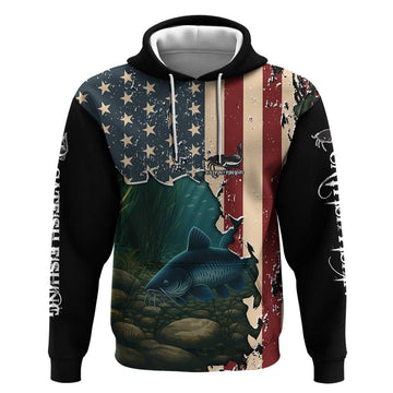 Catfish Fishing Hoodie with Underwater Scene and Distressed American Flag Background TS04