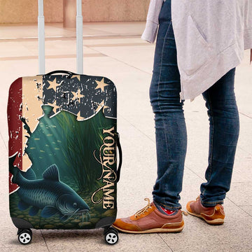 Catfish Fishing Luggage Cover with Underwater Scene and Distressed American Flag Background TS04