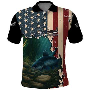 Catfish Fishing Polo Shirt with Underwater Scene and Distressed American Flag Background TS04