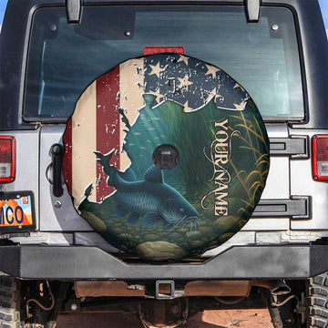 Catfish Fishing Spare Tire Cover with Underwater Scene and Distressed American Flag Background TS04