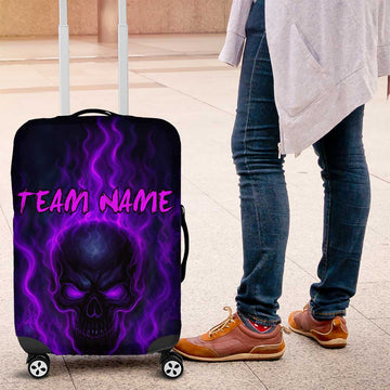 Custom Bowling Purple Flame Skull Luggage Cover Custom Team Name on Dark Background TS04