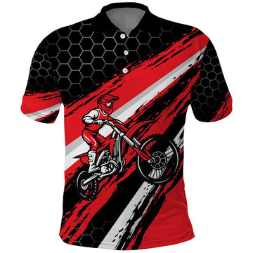 Custom Dirt Bike Polo Shirt Motocross Rider Red Black Hex Pattern and Racing Number TS04