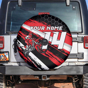 Custom Dirt Bike Spare Tire Cover Motocross Rider Red Black Hex Pattern and Racing Number TS04