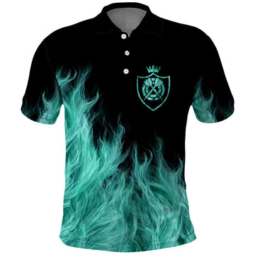 Darts Board Polo Shirt with Flaming Green Smoke and Crest Emblem on Black Gradient Background TS04