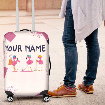 Golf Flamingo Friends Luggage Cover Pink Argyle Pattern and Custom Name Text on White and Rose Color Block TS04