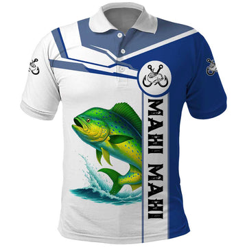Mahi Mahi Fish Polo Shirt Nautical Anchors and Wave Splash on White and Blue Split Background TS04