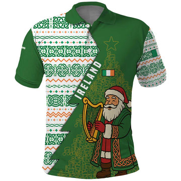 Ireland Christmas Polo Shirt with Celtic Harp Santa and Green Holiday Pattern TS04