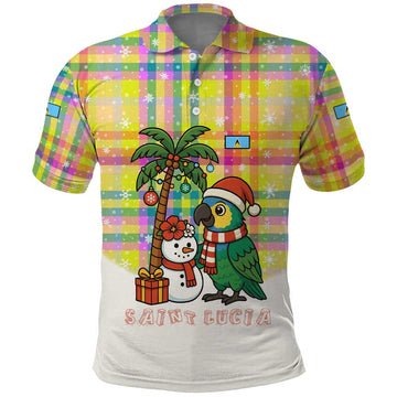 Saint Lucia Christmas Polo Shirt with Parrot Palm Tree Snowman and Plaid Holiday TS04