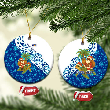 West Indies Christmas Ceramic Ornament with Santa Riding Turtle Palm Tree and Tribal Snowflake Design TS04