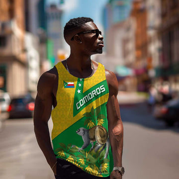 Comoros Men Tank Top - National Flag Lemur Design and Ylang Ylang Flower Pattern TS04