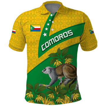 Comoros Polo Shirt with National Flag Lemur Design and Ylang Ylang Flower Pattern TS04